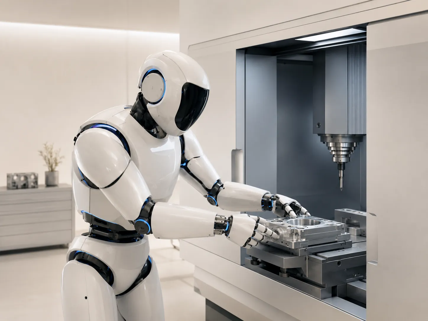 Humanoid robot belaadt een CNC-machine in een productiehal